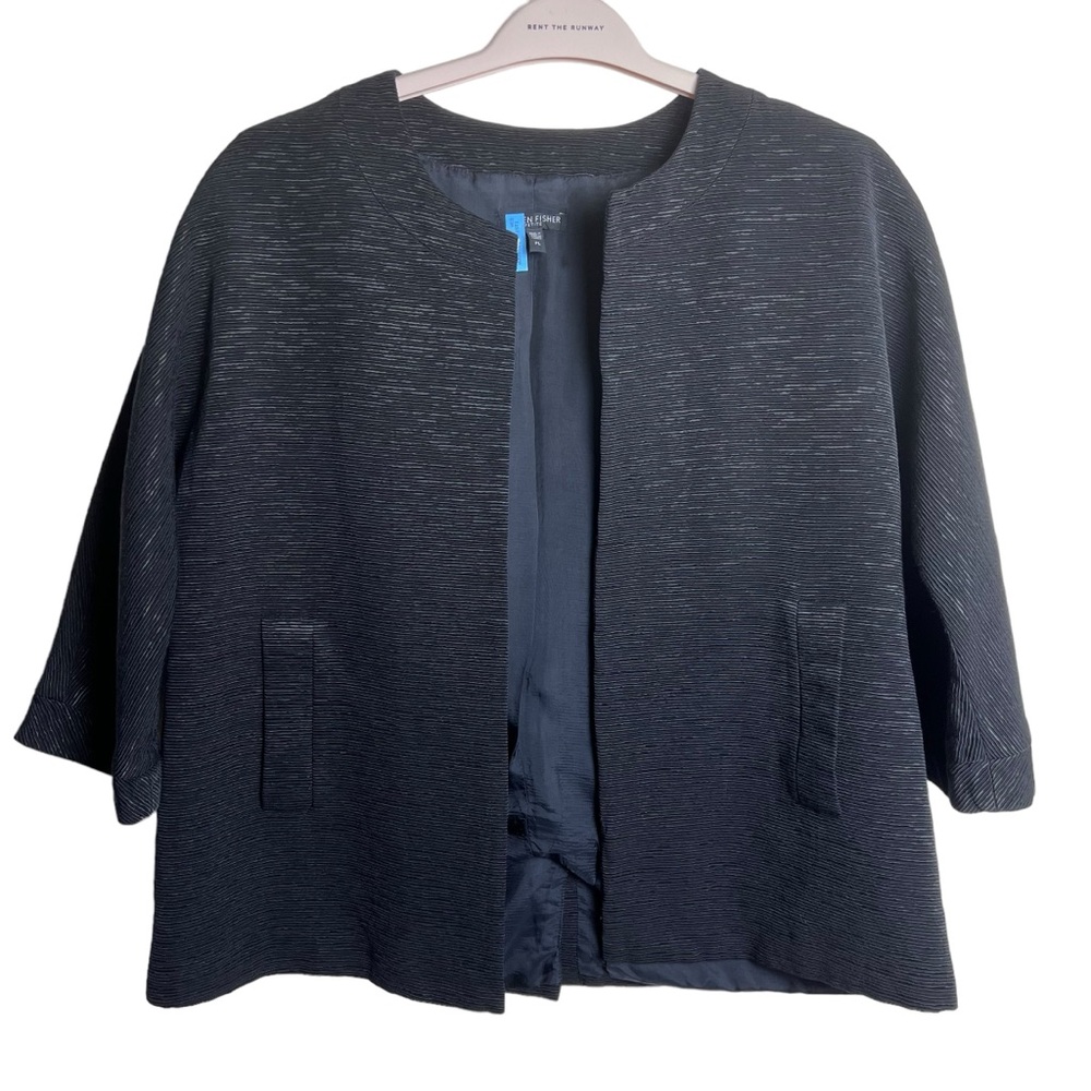 Eileen Fisher Collarless Open Front Textured Black Blazer Jacket Size Petite L - Picture 1 of 16